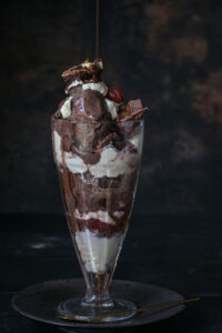 Chocolate brownie sundae with chocolate drizzle